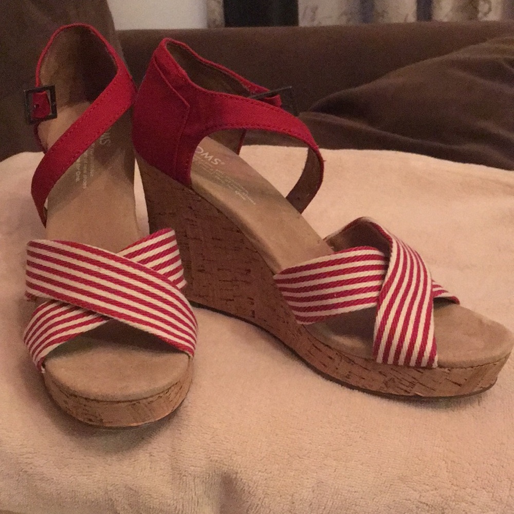 Toms Sienna Wedges, Red Stripe 9(W)